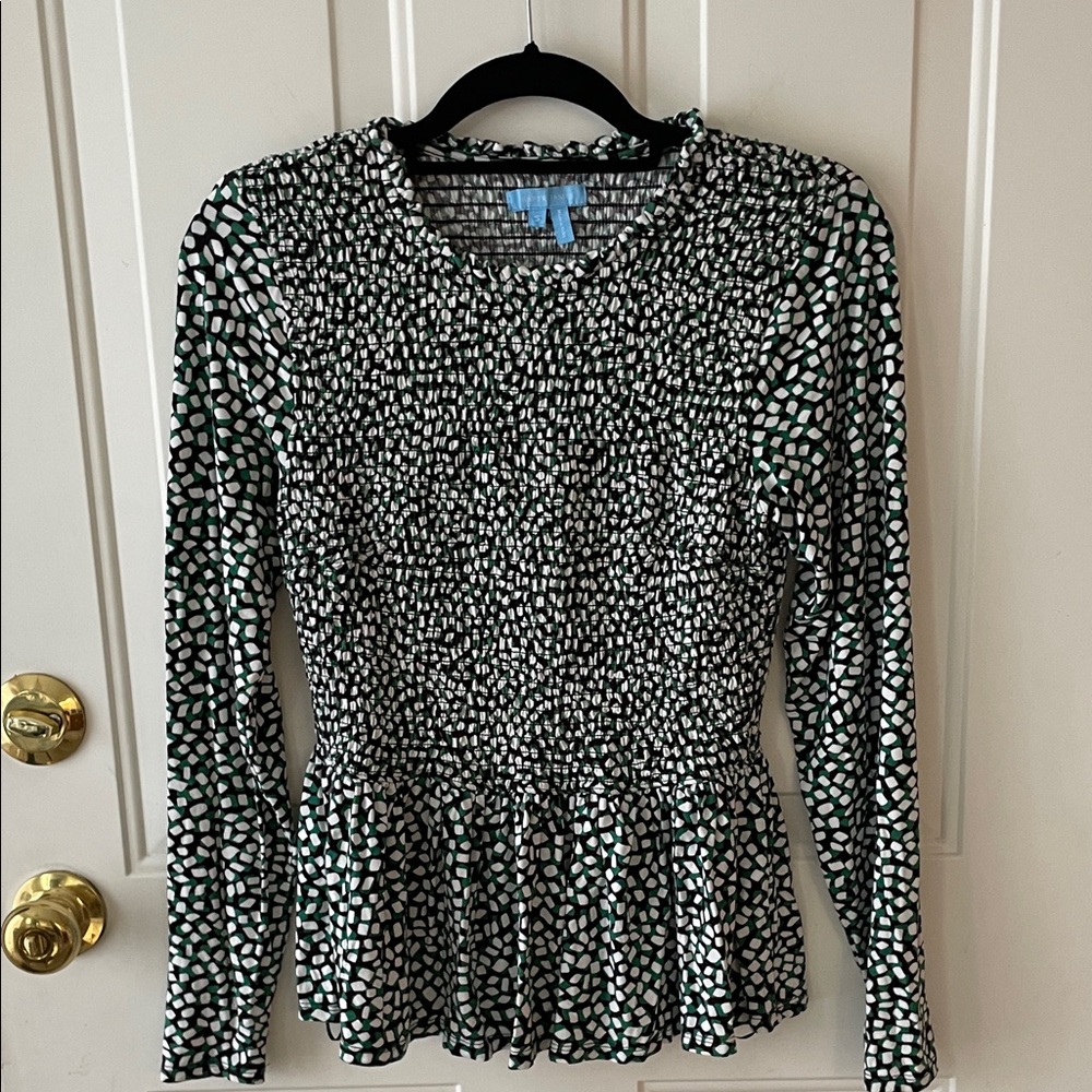 Draper James Black & Green Smocked Peplum Long Sleeve Blouse Size S
